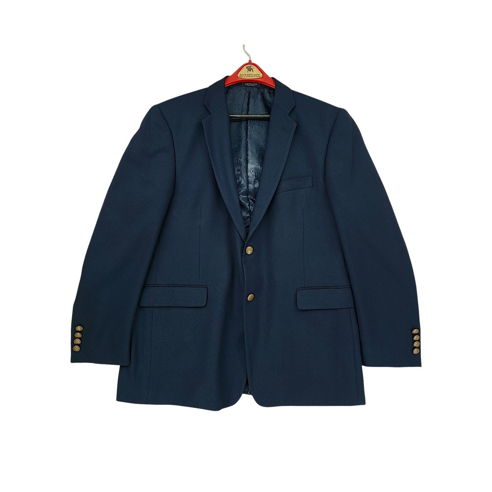 Adolfo Blazer 44R Mens Navy Blue Gold Crest Button Sport Coat Microtech Paisley